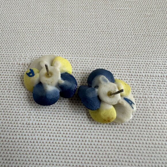 Porcelain Pansy Earrings For Pierced Ears Blue Yellow White Floral Design .75" - Picture 6 of 6